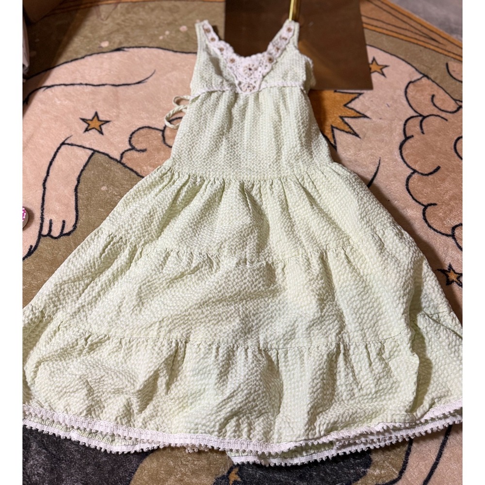 Bonnie Jean Girls Lime Green Gingham Seersucker Crochet Lace Tiered Maxi Dress